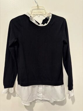 Black Layered Crewneck Sweater Top with White Shirt Hem